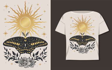 Beautiful astrology moth illustration shirt design. Vector illustration.