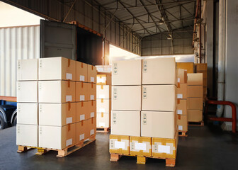 Packaging Boxes Stacked on Pallets Loading into Cargo Container. Cardboard Boxes. Shipping Trucks. Supply Chain Shipment. Distribution Supplies Warehouse. Freight Truck Transport Warehouse Logistics.	
