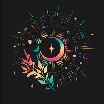 Mystical drawing of the sun. Colorful sun on a black background with stars. Vector hand drawing