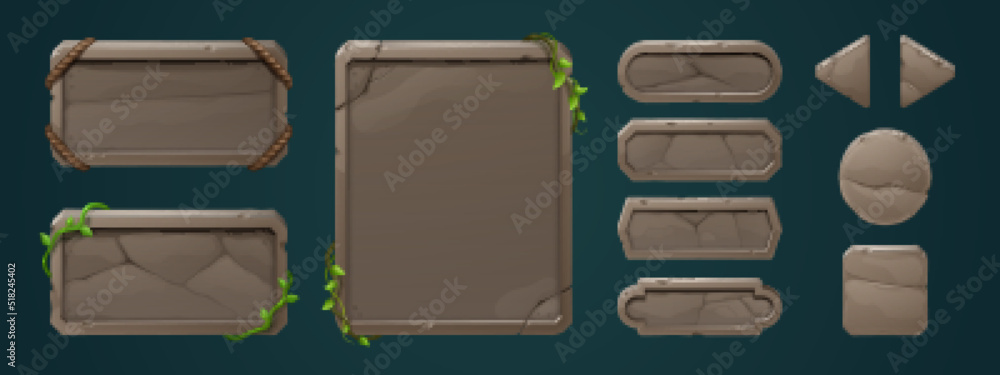 Aufkleber stone game menu boards with vines. tablets, buttons, cartoon interface plaques, frames and arrows of