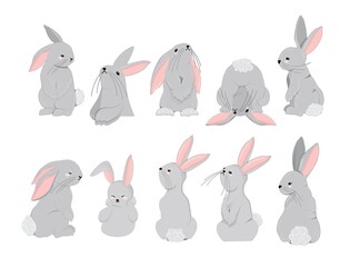 Rabbits character set. Symbol of 2023. Year of the rabbit. Cute hare isolated on white background.Vector illustration