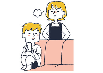 ずっとスマホをいじっている男の子に怒っている母親　子供にスマートフォンを持たせる場合に起きるこ