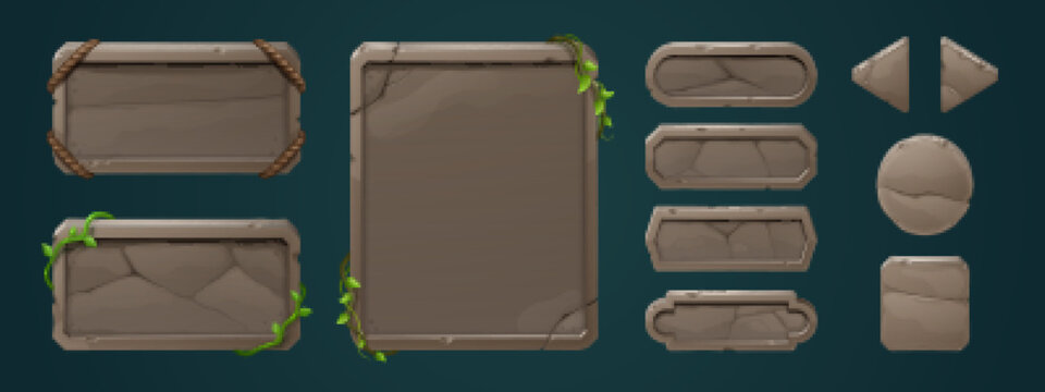 Stone game menu boards with vines. Tablets, buttons, cartoon interface plaques, frames and arrows of rocky texture with tropical lianas. Ui or gui design elements. Isolated user panel keys, Vector set