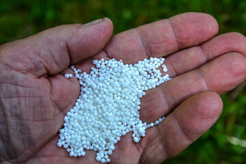 Pellets of ammonium nitrate on wooden table, flat lay. Mineral fertilizer