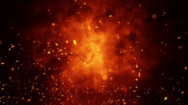 Seamless looping dark red dangerous fire flames with sparks animation background. Conceptual.