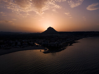 Aerial views from a Playa del Arenal during the sunset. Jávea, Xàbia, Alicante, Spain