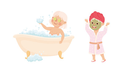 Cute girl bathing in bathtub. Funny girl in bathrobe with cosmetic mask on her face cartoon vector illustration