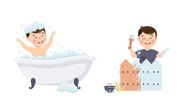 Cute little boy in everyday activities set. Smiling kid bathing in bathtub and coloring fence with brush cartoon vector illustration