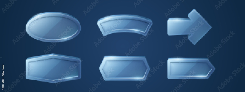Poster game glass buttons, cartoon menu interface, glossy textured blocks with light reflection. ui or gui 