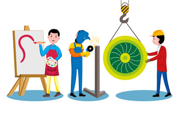 Set of professions characters and objects in flat design style