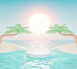 Fototapeta na wymiar 3d rendering podium on the separate sea with bright sun and palm tree on island. Sunscreen cream and moisturizer cream product concept
