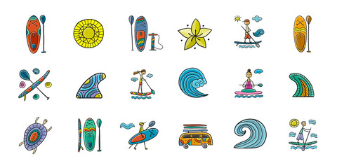 SUP boarding icons set. Stand up paddling elements for your design. People on paddle boards and equipment - obrazy, fototapety, plakaty