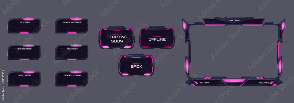 Poster game video stream frames, overlay panels and buttons with pink neon light. vector cartoon template o