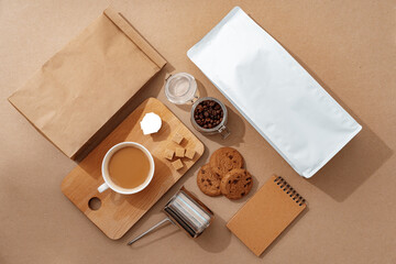 Coffee identity branding mockup set top view flat lay