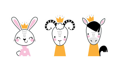 Head cute funny animals with golden crowns set. Bunny, goatling, foal little princess hand drawn vector illustration