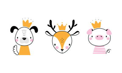 Head cute funny animals with golden crowns set. Deer, piglet and puppy little princess hand drawn vector illustration © topvectors