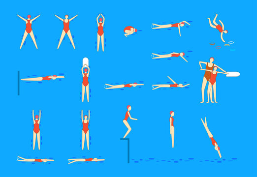 Vector characters swimmers in action poses. Young girl show various swimming postures. Set or collection. Swimming pool. Learn to swim. Sport.