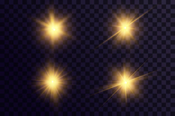 Shining golden stars. Light effects, glare, glitter, explosion, golden light. Vector illustration.