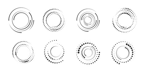 Set of halftone round dotted frames. Design element for frame, logo, web pages, prints, posters, template.