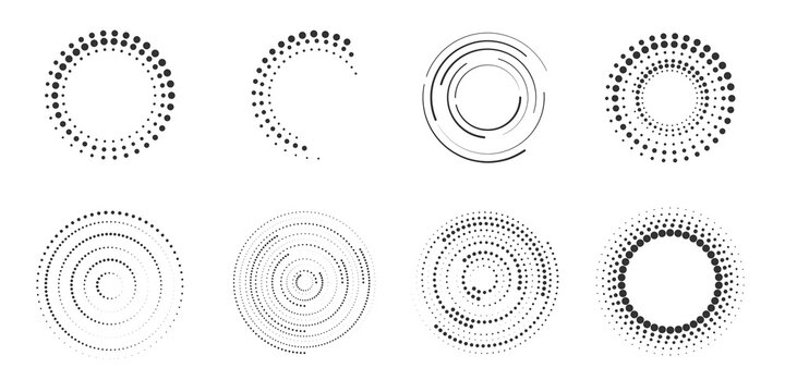Set of halftone round dotted frames. Design element for frame, logo, web pages, prints, posters, template.