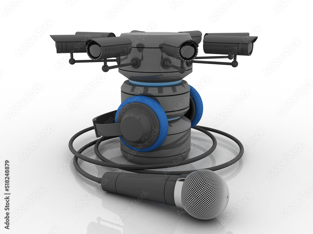 Aufkleber 3d rendering database storage data base connected cctv camera with mic and headphone