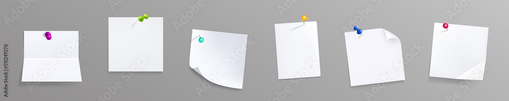 Poster paper notes with pins, white stickers or notepad pages with curled corners and pushpins. empty blank