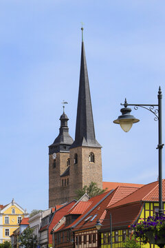 View to Upper Church of our Lady (Oberkirche unserer lieben Frauen) in Burg near Magdeburg (Burg bei Magdeburg) and the historical old town, Saxony-Anhalt, Germany