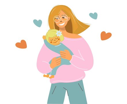 A mother holds her little daughter in her arms. A young woman hugs a child. Mother's Day greeting card template.Parent shows love and care vector isolated illustration. cartoon flat style.