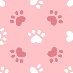 Pink cat seamless pattern. Meow and cat paws background vector illustration. Cute cartoon pastel character for nursery girl baby print.