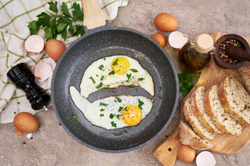 Close up view of the fried egg on a frying pan