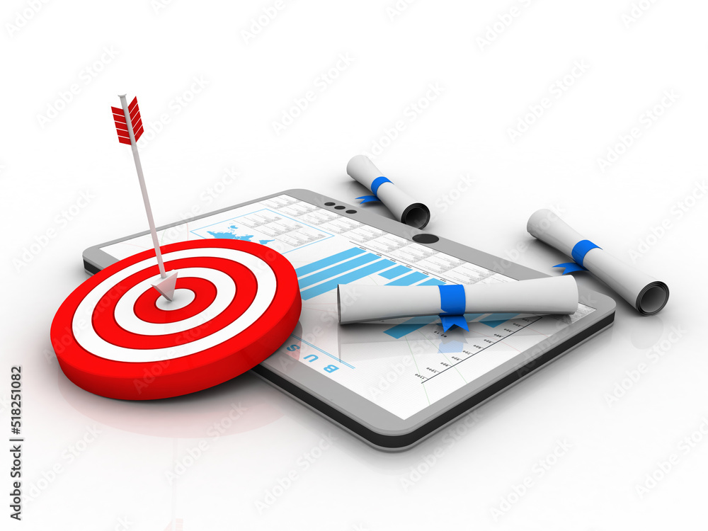 Poster 3d rendering mobile tablet with target