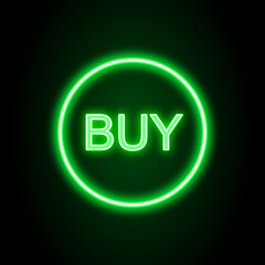 Glowing neon buy sign button sale retail shop on black background 