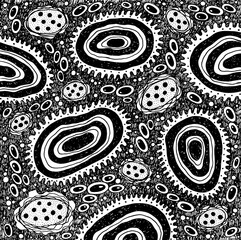 Geometric sketch ornament with patterns and circles. Zendoodle black and white fantastic background. Abstract intricate pattern. Psychedelic art. Vector artwork