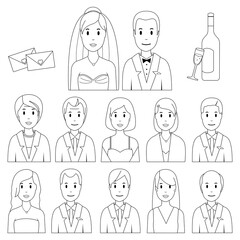 Bride, groom and wedding guests. Vector black and white coloring page