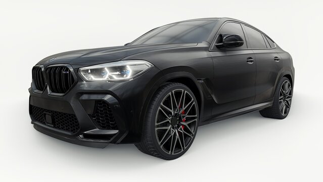 Berlin. Germany. June 10, 2022. Black BMW X6M Competition III 2020 F96 on a white background. 3d model of a sports SUV in a coupe body. 3d rendering.