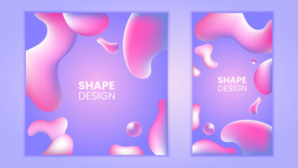 Liquid flow purple, pink 3D neon lava lamp vector geometric background set for banner, card, UI design or wallpaper. Gradient mesh bubble in the shape of a wave drop. Fluid colorful abstract shapes.