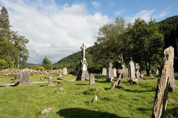 A view of the graveyard in the Glendalough monastery in Co Wicklow Ireland set in a valley on a...