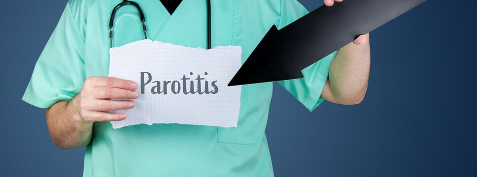 Parotitis. Arzt h&auml;lt Zettel und zeigt mit Pfeil auf medizinischen Begriff.