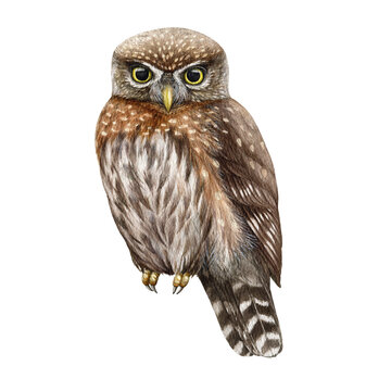 Northern pygmy owl watercolor illustration. Hand drawn realistic wildlife forest bird. Small brown owl with fluffy feathers and yellow eyes. Isolated on white background