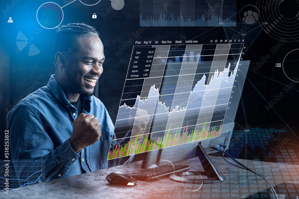 Poster successful stock market trader looking at screen