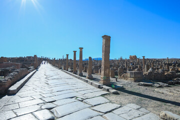 View to the Ruins of an Ancient Roman city Timgad also known as Marciana Traiana Thamugadi in the...