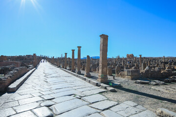 Fototapeta premium View to the Ruins of an Ancient Roman city Timgad also known as Marciana Traiana Thamugadi in the Aures Mountains, Algeria