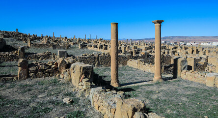 View to the Ruins of an Ancient Roman city Timgad also known as Marciana Traiana Thamugadi in the...