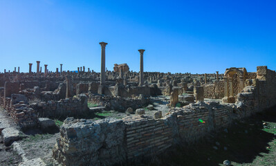 View to the Ruins of an Ancient Roman city Timgad also known as Marciana Traiana Thamugadi in the...