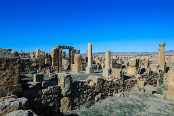 View to the Ruins of an Ancient Roman city Timgad also known as Marciana Traiana Thamugadi in the Aures Mountains, Algeria