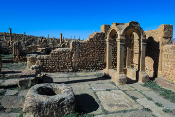 View to the Ruins of an Ancient Roman city Timgad also known as Marciana Traiana Thamugadi in the...