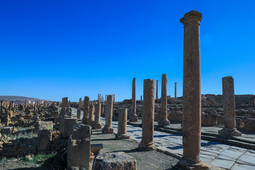 View to the Ruins of an Ancient Roman city Timgad also known as Marciana Traiana Thamugadi in the Aures Mountains, Algeria