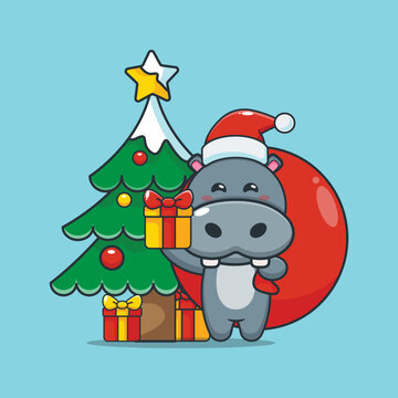Cute hippo carrying christmas gift. Cute christmas cartoon vector illustration.