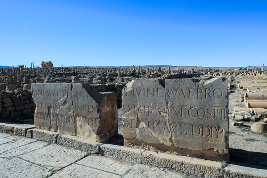 View to the Ruins of an Ancient Roman city Timgad also known as Marciana Traiana Thamugadi in the Aures Mountains, Algeria