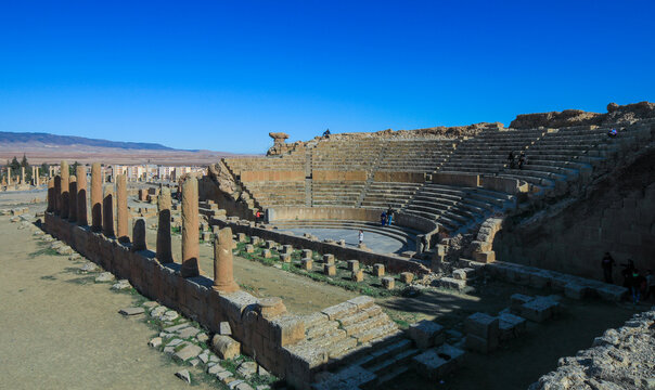 View to the Ruins of an Ancient Roman city Timgad also known as Marciana Traiana Thamugadi in the Aures Mountains, Algeria